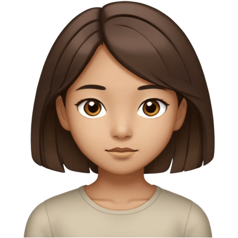 A thin 10-year-old girl with Asian heritage, shoulder-length brown hair with two distinctly light strands framing her face, large slightly slanted dark brown eyes, olive skin, and light brown, not narrow eyebrows emoji