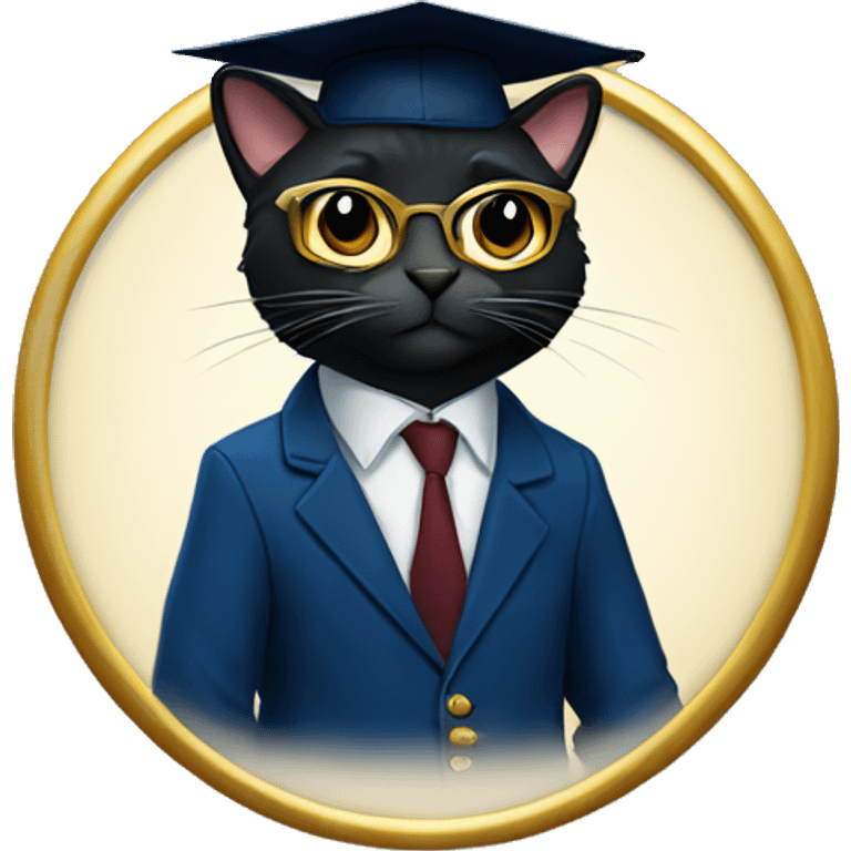 The student is a black-furred cat in gold glasses, a dark blue suit and a square academic dark blue cap emoji