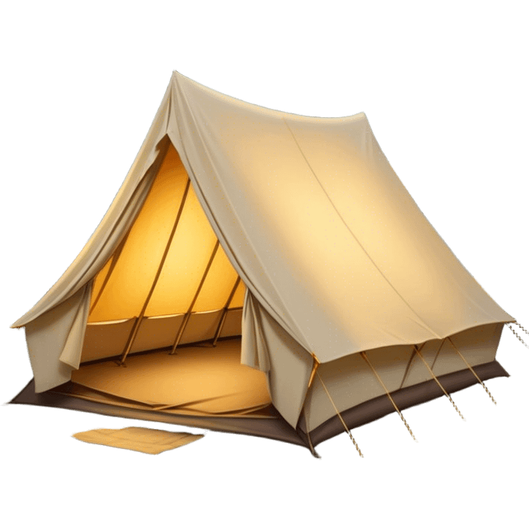 Cinematic Realistic Tent, a sturdy canvas tent nestled among tall trees, warm golden light spilling from inside, gentle folds in the fabric visible, glowing against the cool, dark forest backdrop, evoking a sense of adventure and comfort. emoji