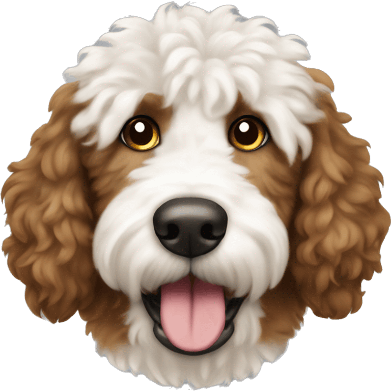 Brown and white patches Golden doodle dog showing tongue white head brown ears and brown patch on top of head fluffy head emoji