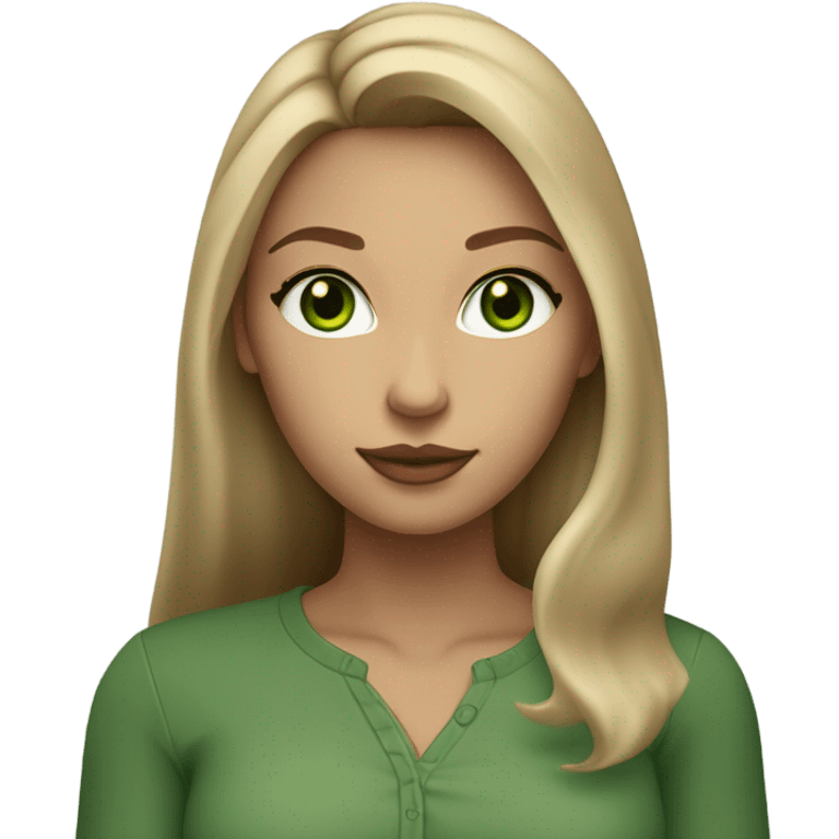 light tan skin, high cheekbone, solo dark blonde girl with green eyes,long sleeve shirt, skinny, long blow out hair, baddie, middle part, sultry emoji