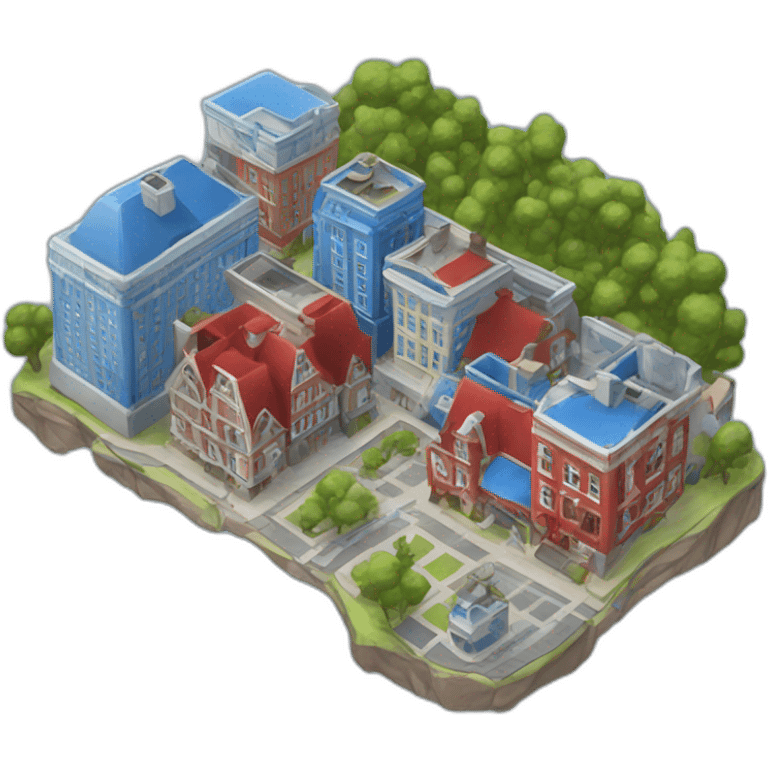 District with larges blue and red buildings at the base emoji