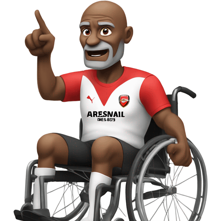 old black bald man with a round belly in wheelchair. angry face. grey stubble. he is pointing finger in front. wearing Arsenal soccer shirt. a speech bubble with the word: "Mojdeh!" emoji