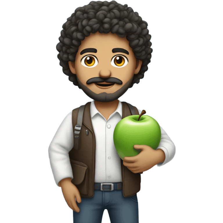 no glasses, Mexican school IT technician with apple laptop and with curly hair and mustache and beard  emoji