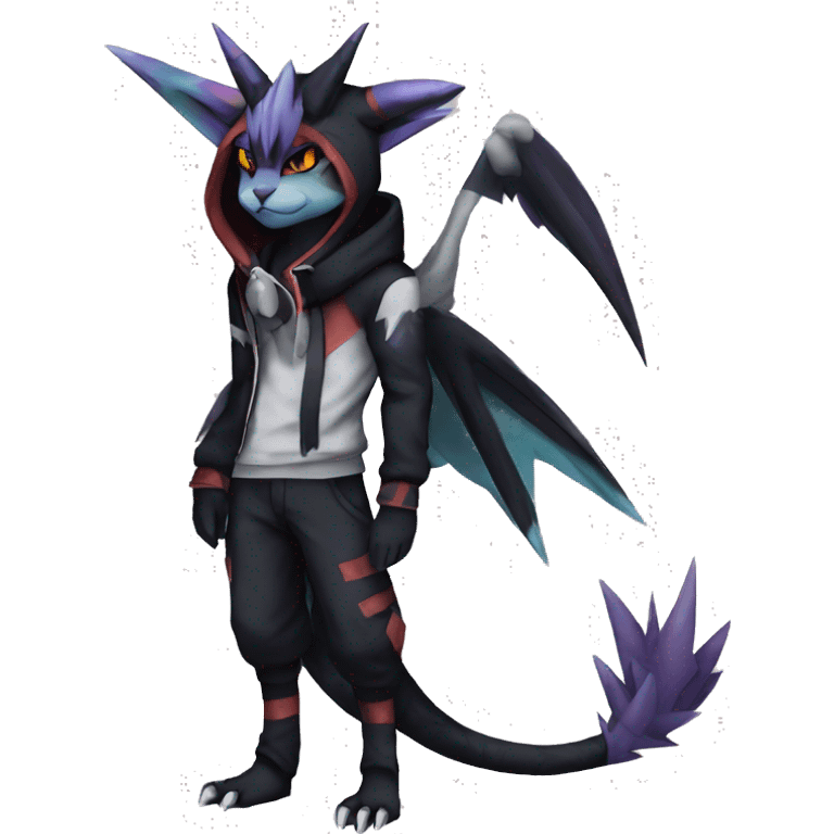 Cool Anthro Black Noivern-Absol-Litten-Pokémon with edgy stripes hoodie spiked collar punk Full Body emoji