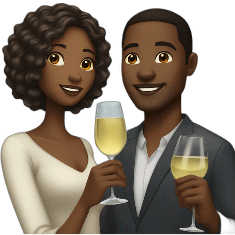 An African couple, a black woman with long dark blonde hair and brown eyes, and a black man with a short faded haircut, toast to each other with a glass of white wine. emoji