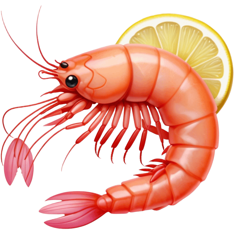 Cinematic glistening shrimp, pink and juicy, slightly curled with a light char, served with lemon wedges, ultra-detailed and fresh, warm glowing background. emoji