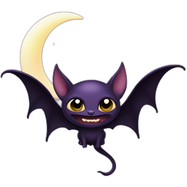 purple black vampire bat sparkle eyes wings flying in front of large dripping crescent moon emoji