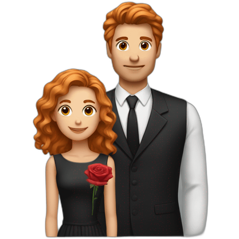 Un homme avec les cheveux noirs qui offre une rose et une fille qui a les cheveux roux emoji