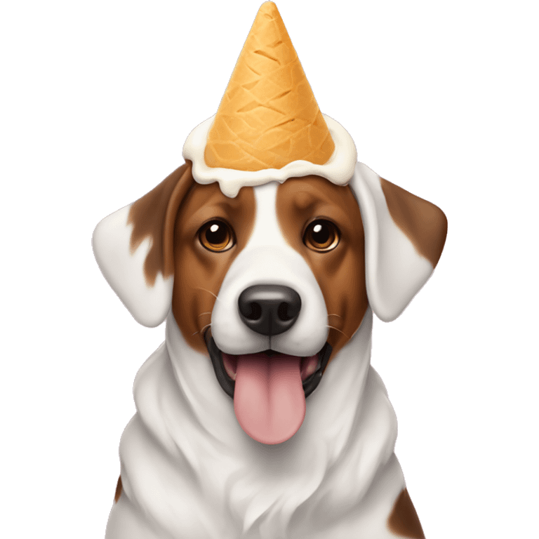 Dog wearing a cone over its head, eating ice cream emoji