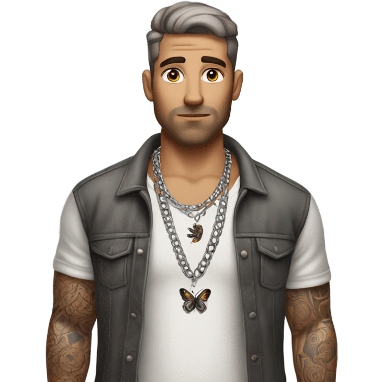 Full body image  of a Man with tattoos, brown hair and grey highlights, thick silver Cuban necklace that has big bug eyes looking to the side curiously emoji