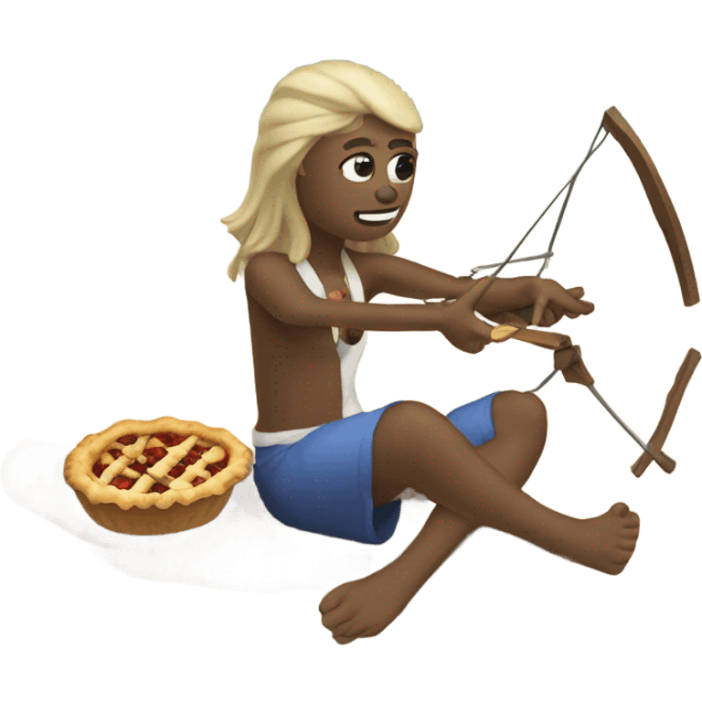 An emoji with a background of a New Zealand beach in summer with a pohutakawa tree and New Zealand native beach, there's a someone eating a pie on the beach holding a crossbow and arrow emoji