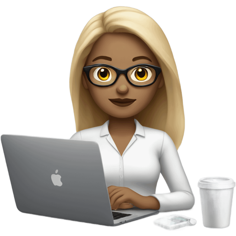 a white woman, basic style with simple, natural hair and minimal makeup, with glasses and macbook, and accessorizes with a watch , reflecting modern practicality. emoji