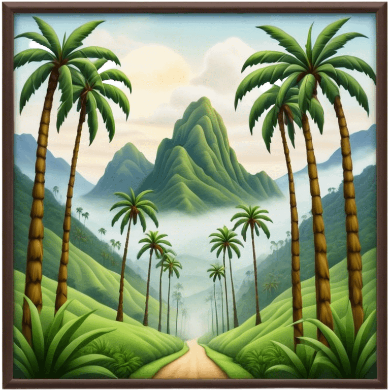 Cinematic Realistic Cocora Valley Landscape Emoji, depicted with towering wax palm trees in a lush, misty valley rendered with rich textures and dynamic, natural lighting. emoji