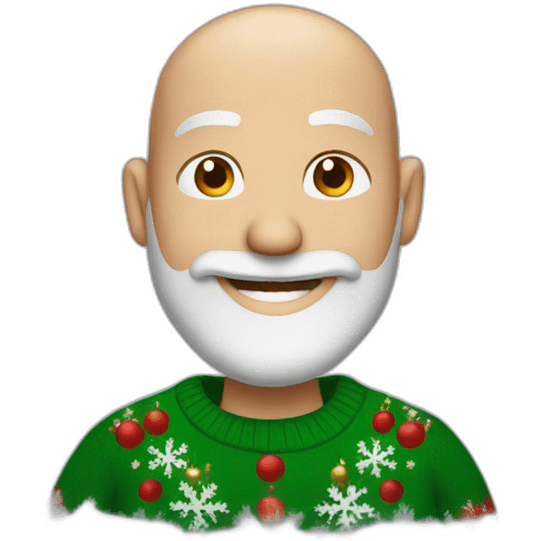 a smiling bald man with a gray beard, wearing a Christmas sweater emoji