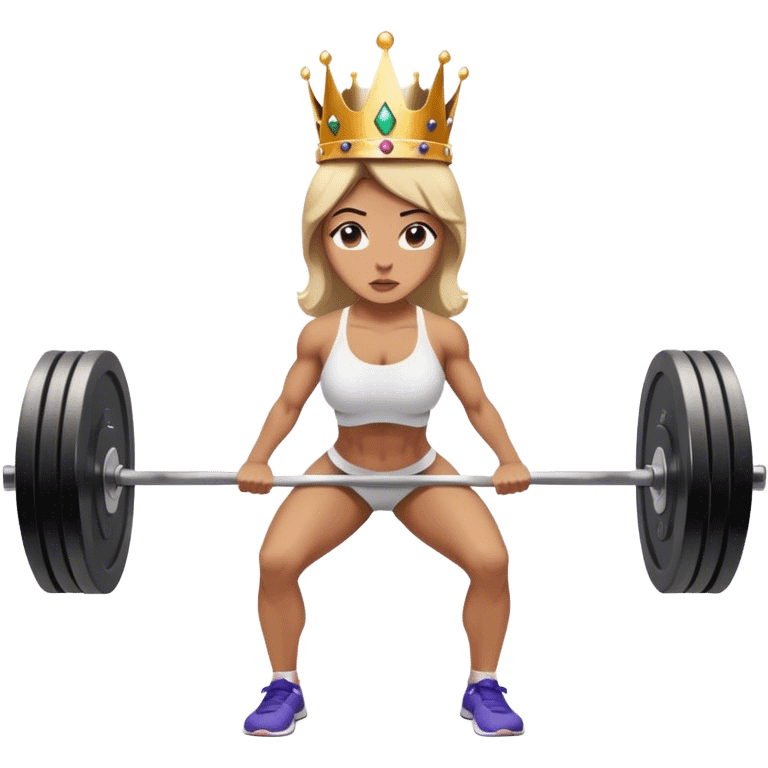 A woman wearing a crown is doing deadlifts in the gym, her expression focused and determined. emoji