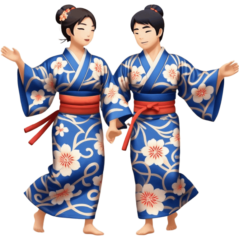 Cinematic Realistic scene of two performers engaging in Bon Odori, dressed in traditional yukata with intricate summer patterns, captured in graceful, rhythmic motion with warm, festive lighting emoji