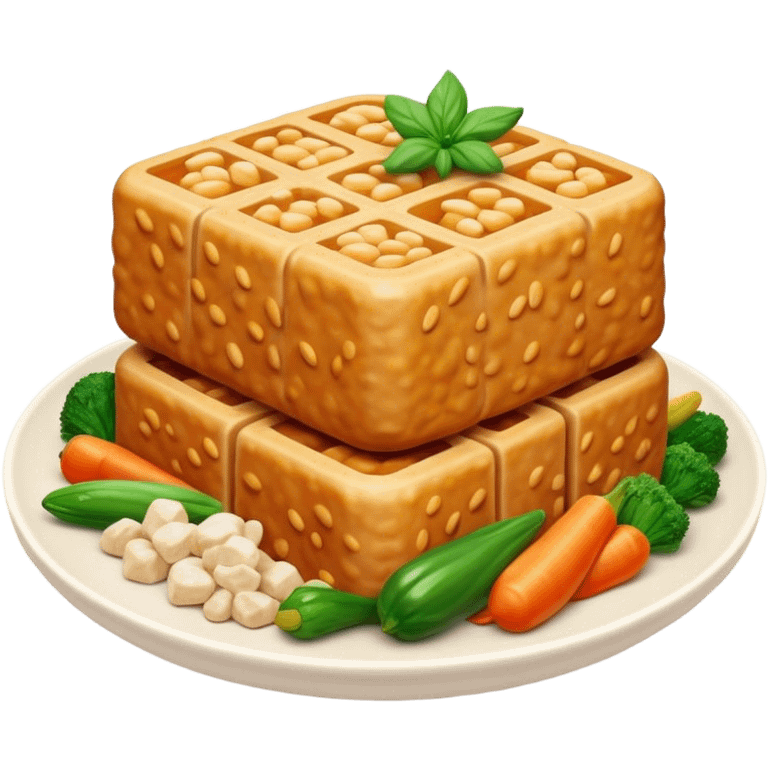 Cinematic Realistic Tempeh Dish Emoji, showcasing fermented soy cake cooked to a crispy finish rendered with lifelike textures and warm, inviting lighting. emoji