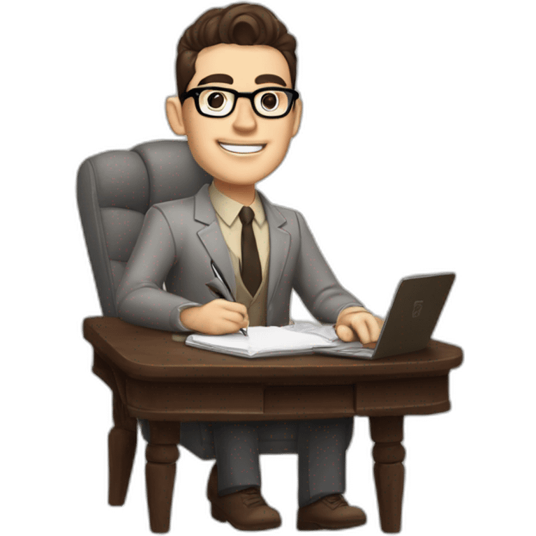 Pale skinned Fit Man With dark brown hair in gray jacket, beige office shirt and vintage glasses sitting In a soft chair with a notebook with emblem Ψ and a pen in his hands emoji