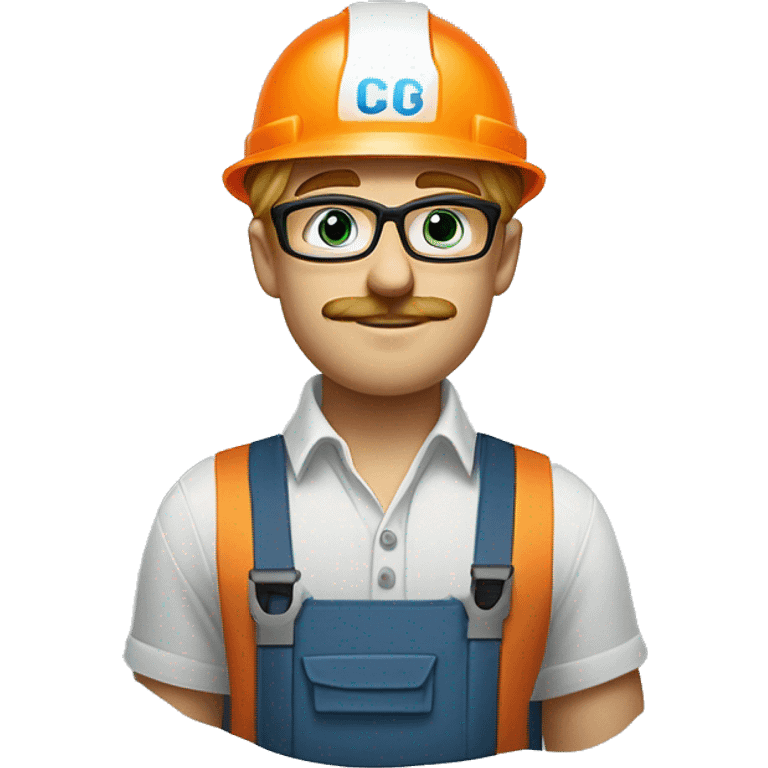 skinny blonde young man, large lips, no beard but with mustache, muted blue/green eyes, glasses, wearing white hard hat that says ”gmc” in orange letters, orange safety vest, muted blue shirt emoji