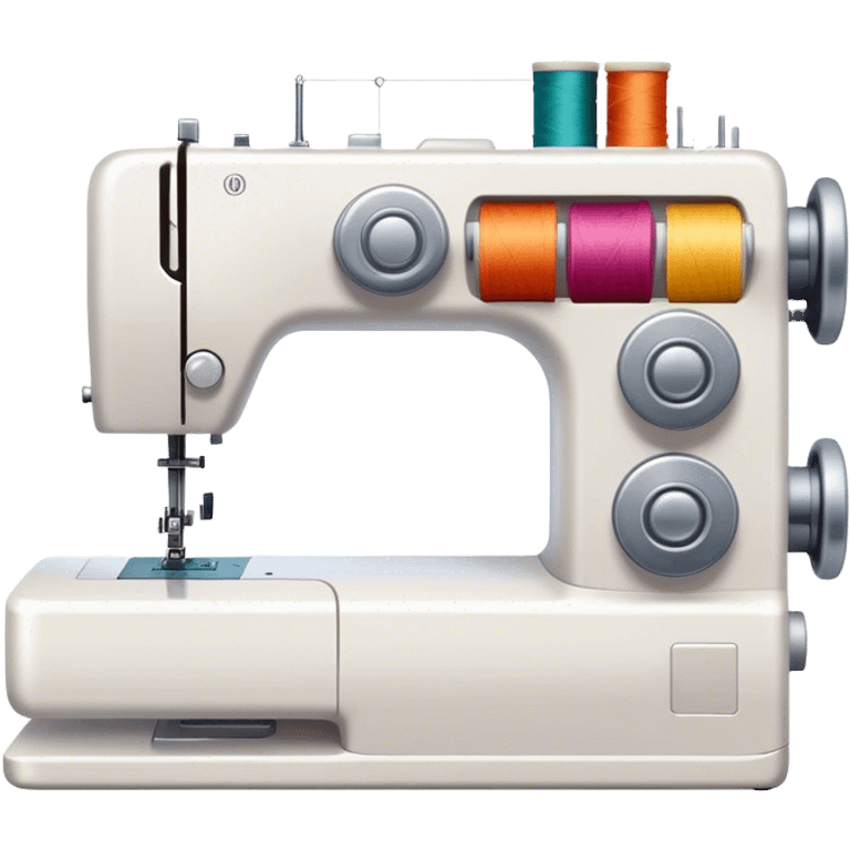 Sewing icon, sewing machine with thread, visible needle, spools of thread, fabric pieces, and scissors, a piece of clothing or textile in progress, minimalistic style, clean lines, transparent background. emoji