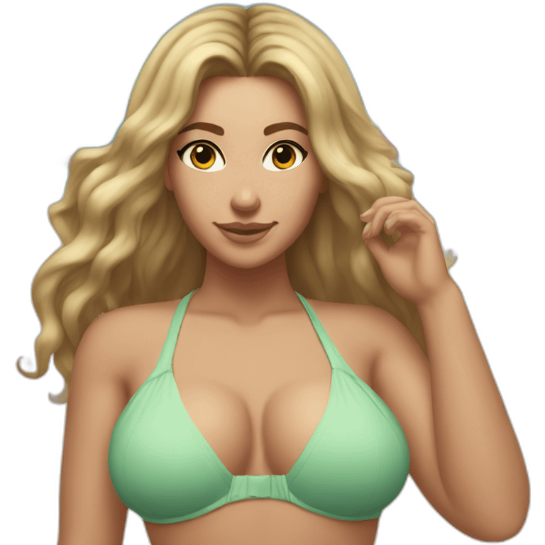 Slim-thicc Caucasian woman bikini hands in hair pose (beach body) emoji