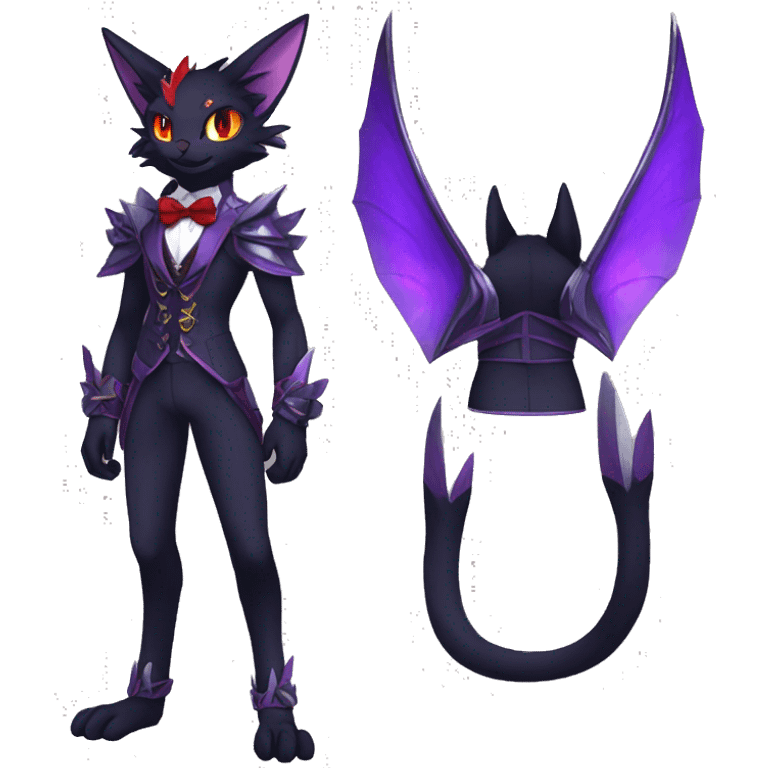 cool anthro black purple red ethereal fantasy nargacuga-Noivern-cat-Fakemon collar harness bow tie and bracers full body emoji