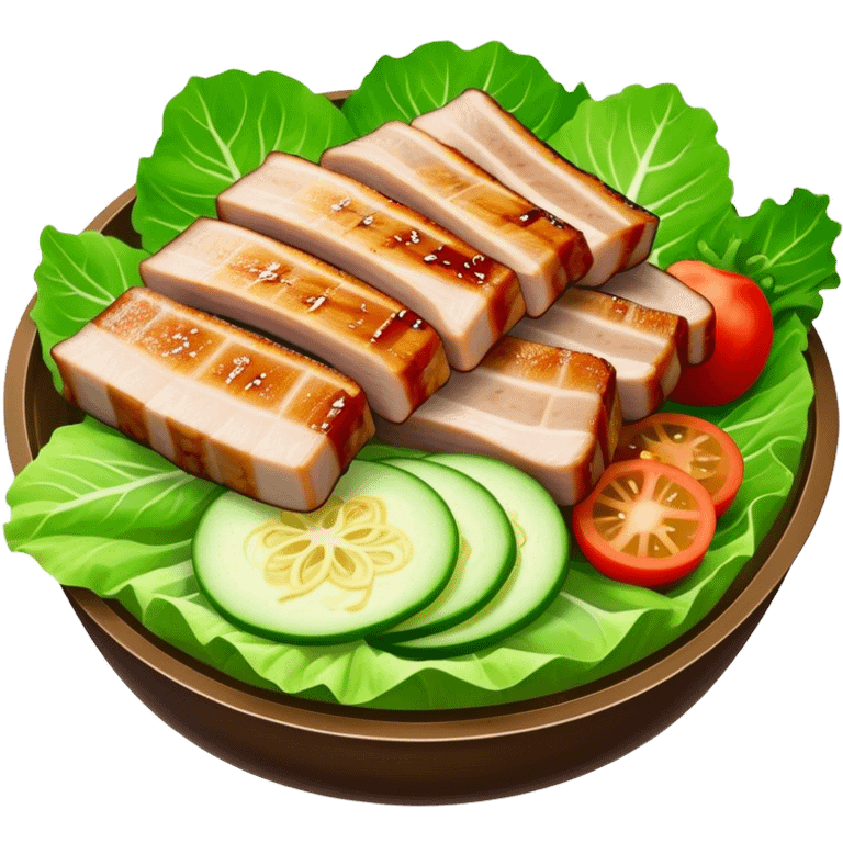 Samgyeopsal Cinematic Realistic Samgyeopsal Dish Emoji, depicted as slices of grilled pork belly served in crisp lettuce leaves with assorted fresh vegetables, rendered with dynamic textures and appetizing, natural lighting. emoji