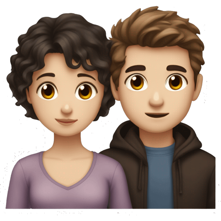 A dark brown straight haired girl with hazel eyes and pale skin beside a poofy haired super dark-haired boy with brown eyes and pale skin, they are  cuddling emoji