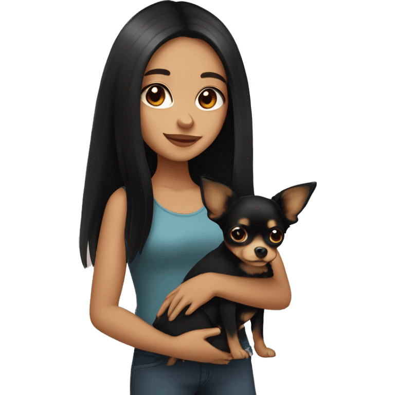 Pretty girl with long black hair, brown eyes, holding a black and tan chihuahua emoji