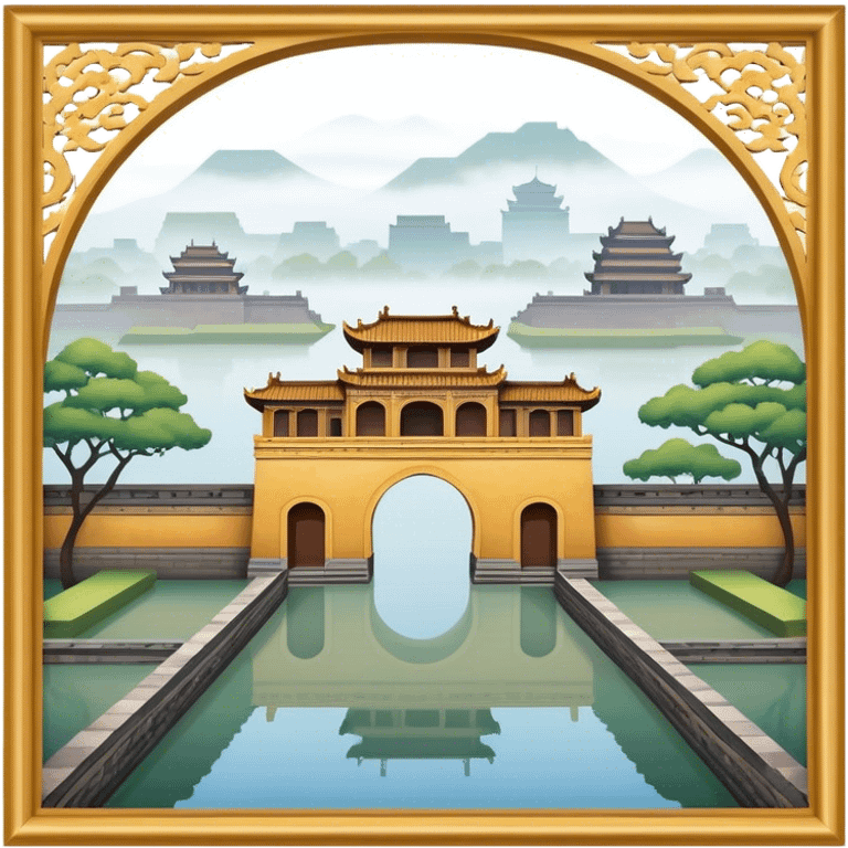 Cinematic Realistic Imperial City of Hue Landmark Emoji, capturing the ancient citadel’s weathered walls, intricate gates, and traditional Vietnamese architecture, surrounded by a misty, tranquil moat. emoji