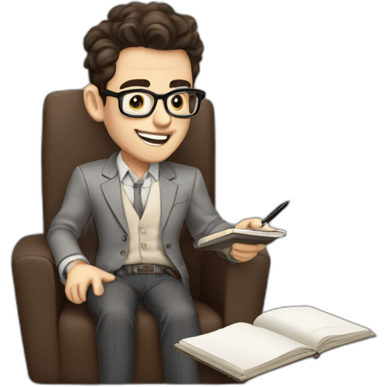 Pale skinned Fit Man With dark brown hair in gray jacket, beige office shirt, Brown pants and vintage glasses sitting In a soft chair with a notebook and a pen Fooling with his tongue emoji