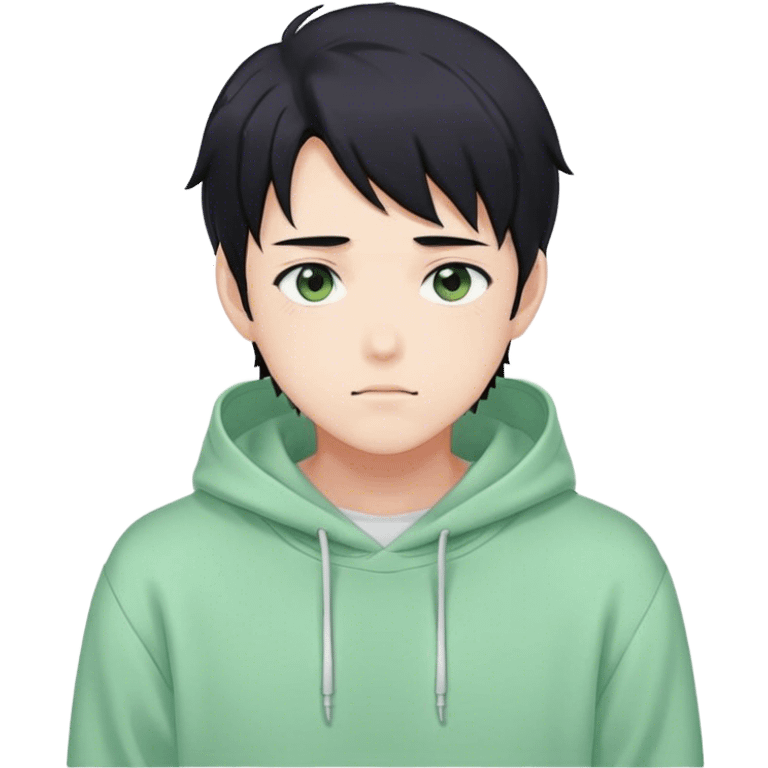 Gorgeous pastel green sweater black hair anime style shojo guy with blushing face and, hoodie, aesthetic, young adult, trending style outside  emoji