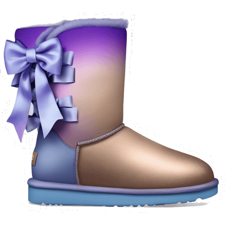 Realistic pair of blue ,purple,and taupe  ombre grunge Ugg fur boots with rose gold silk ribbon bows. emoji