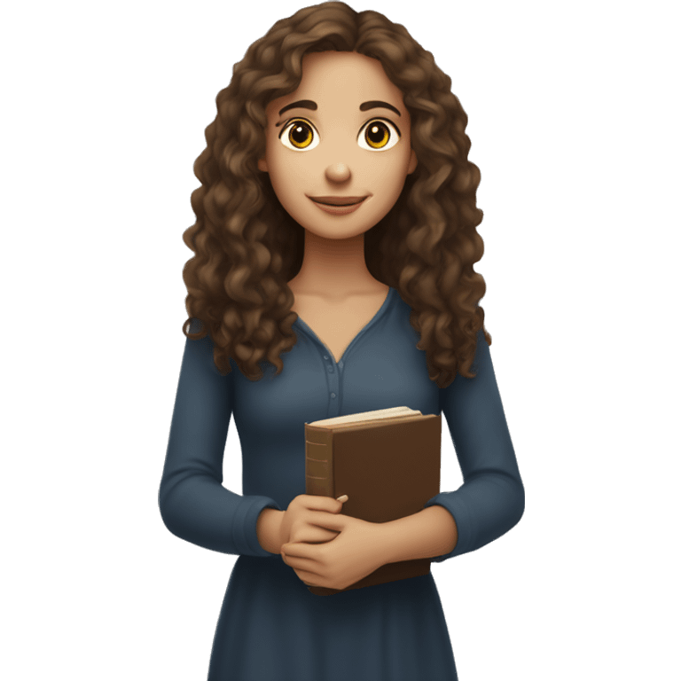 A young woman with long curly brown hair, she has light, white skin, she has brown eyes, her eyes are lowered into the book she holds in her hands emoji