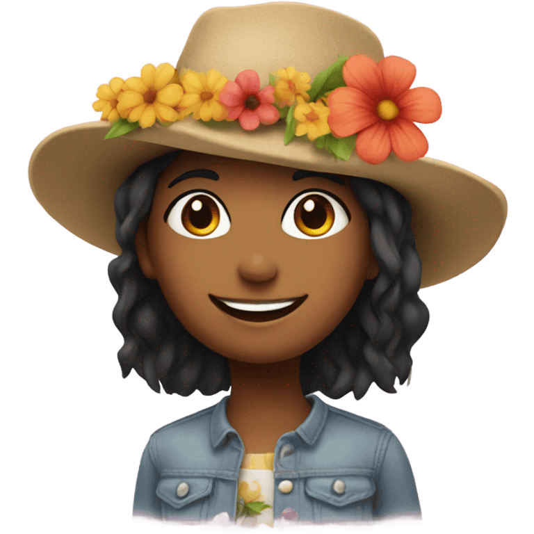 smiling girl with hat and flower emoji