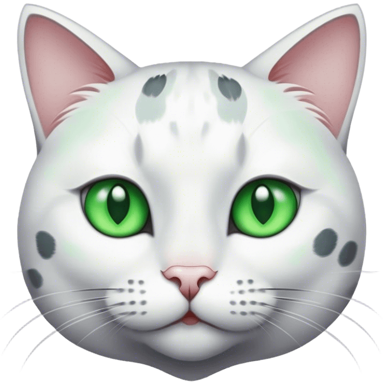 White cat with dark grey spots and green eyes  emoji