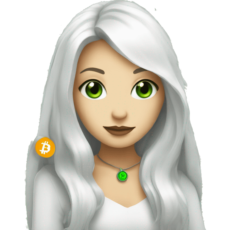 Face witch with bitcoin, cute, white skin, white long hair, green eyes  emoji