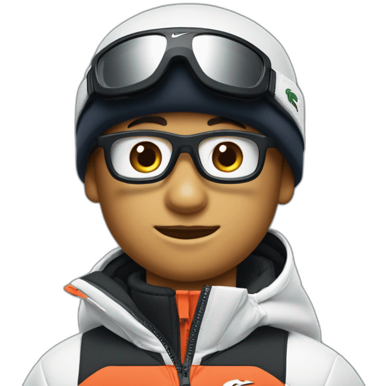 Un garçon blanc qui porte das lunettes de ski, il a les cheveux noirs, un survetement de lacoste et une casquette nike emoji