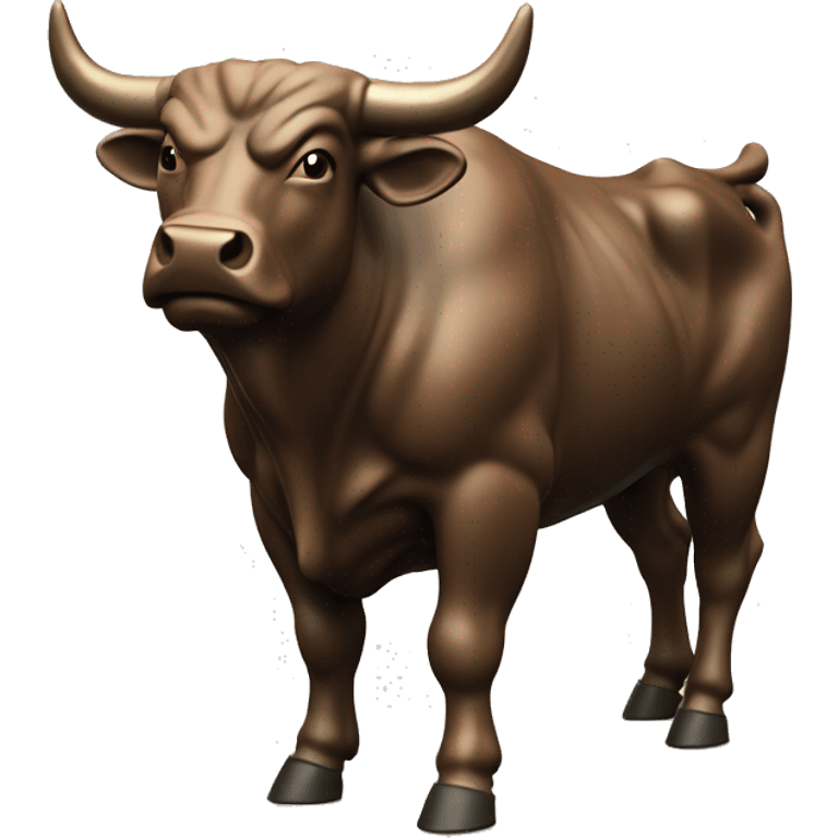 An emoji-style image of a bull resembling the Charging Bull statue. The bull should have a strong, muscular build, aggressive stance, and prominent horns. The bull should be brown with a shiny finish to mimic the bronze statue. emoji