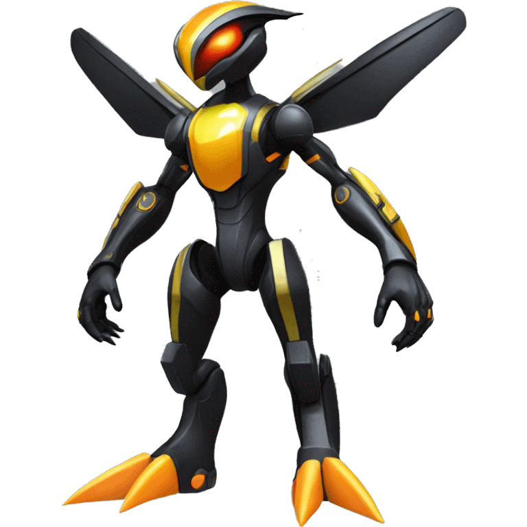 a shiny metallic black-orange-yellow Genesect-Flygon-Raptor-Fakémon-Medabot-hybrid with a futuristic visor-helmet full body emoji