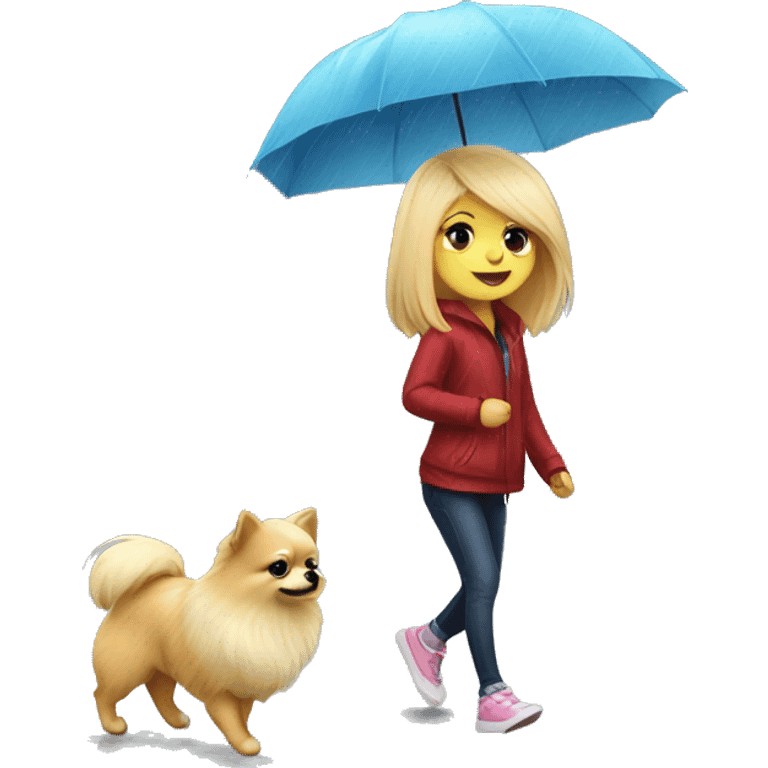 Blonde girl walking little pomeranian under the rain emoji