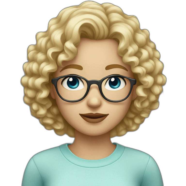 Short curly blond hair girl with blue-gray eyes and square glasses emoji