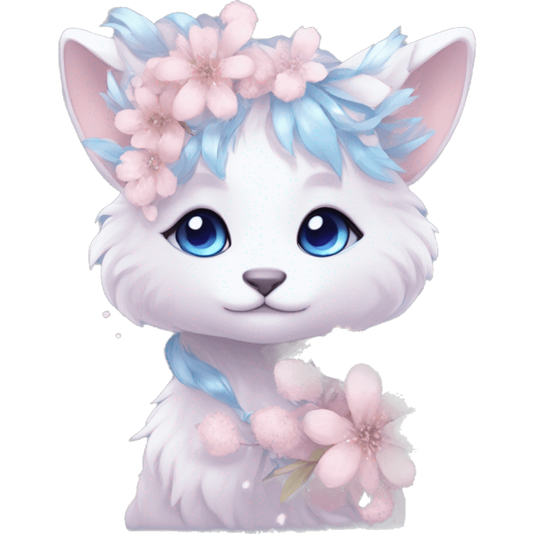 Anthro Cute Cool Blushing Pastel Innocent Shy Kawaii gorgeous sparkly ethereal fantasy anime animal creature with blue eyes furry sona with flowers and ribbons beautiful aesthetic emoji