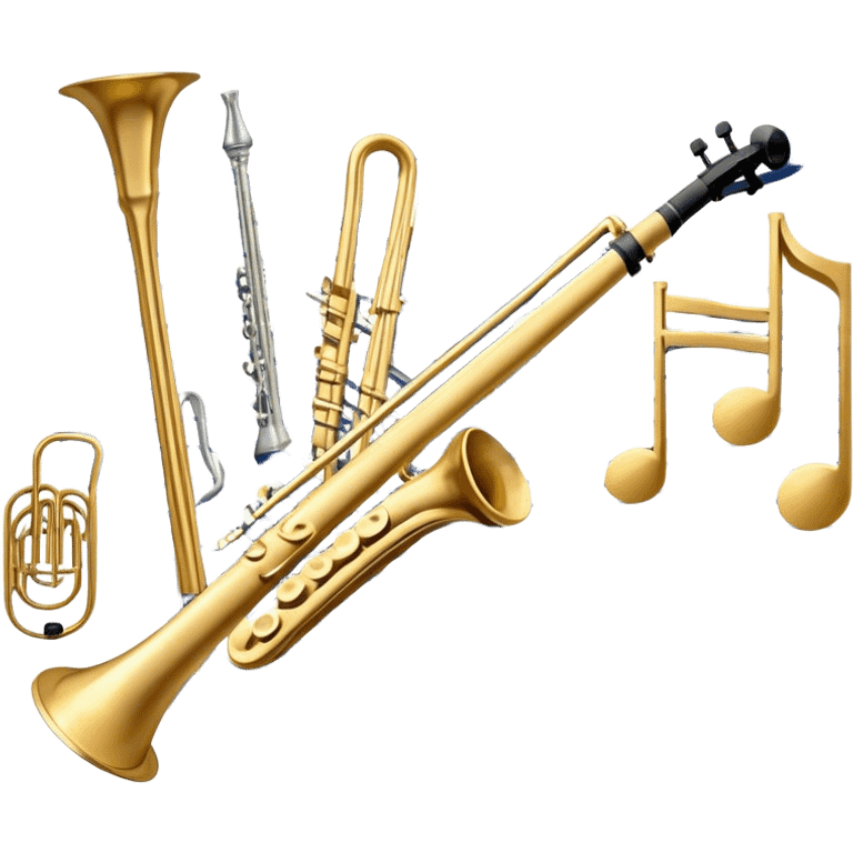 Create an elegant and artistic emoji that represents music arrangement and orchestration. The design should feature a conductor's baton, musical scores, and various orchestral instruments (e.g., violin, trumpet, electric guitar, synthesizer). Incorporate flowing lines to represent harmony and orchestral balance, along with a subtle representation of sheet music. Use rich, classical colors like gold, silver, or deep blue, and create an atmosphere of sophistication and precision. The background should be transparent. emoji