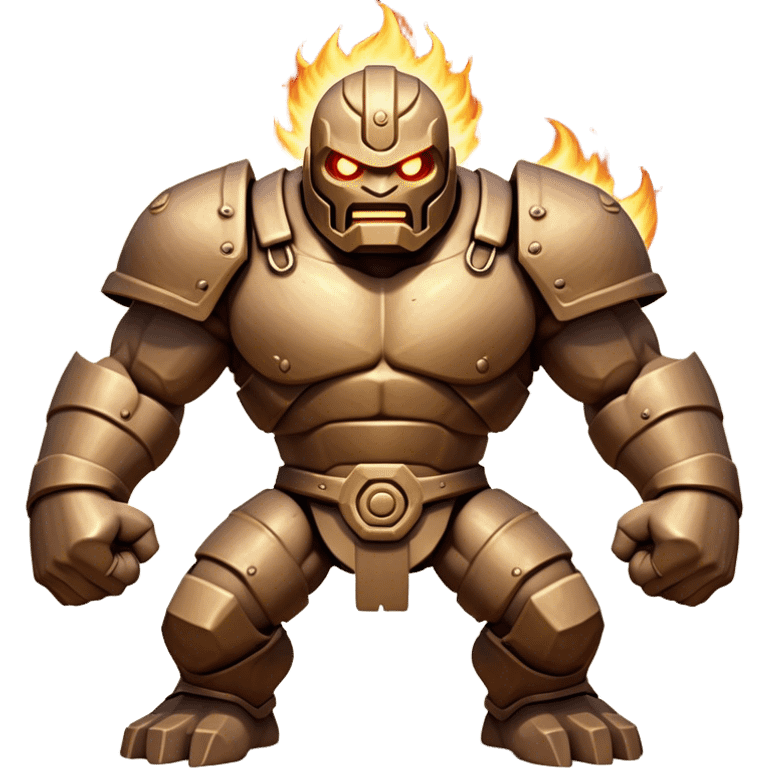 Cinematic Fierce Mighty Iron Golem Portrait Emoji Depicted mid-action in a dynamic, battle-ready stance, massive fists clenched, the ancient metallic plates along its form shifting with raw power. Its eyes blaze like molten fire within a carved, rune-etched face, exuding both divine purpose and mechanical precision. Weathered steel and dark bronze tones are accented by glowing, arcane inscriptions, each detail meticulously crafted with lifelike metallic reflections. High shine, imposing yet regal, styled with an air of indestructible might, soft glowing outline, capturing the essence of an unstoppable colossus that looks ready to charge forth with a thunderous step! emoji