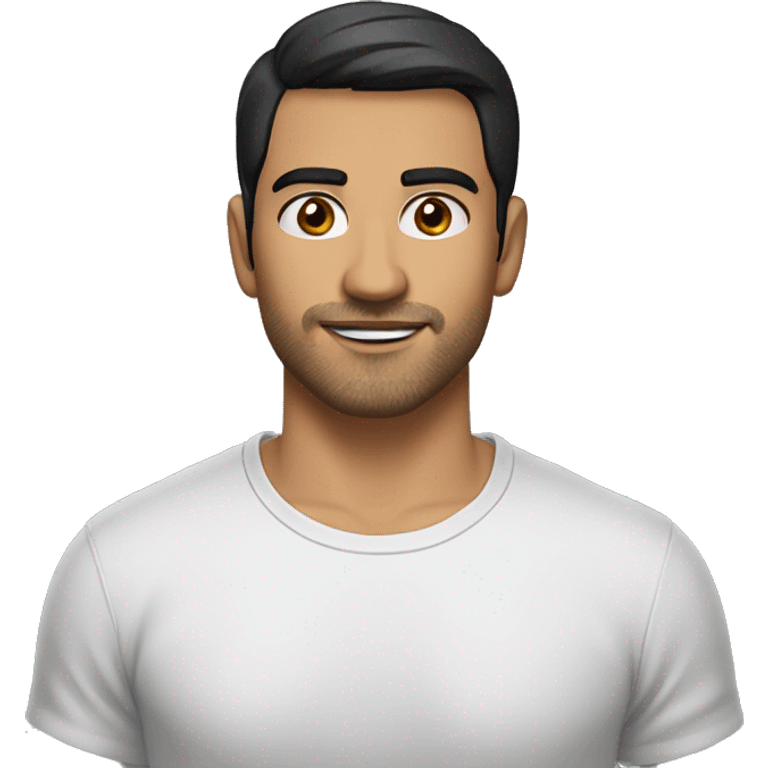 A head and shoulders shot of a 32 year old Hispanic man, with short black hair, with stubble facial hair,   with brown eyes wearing a t-shirt. emoji