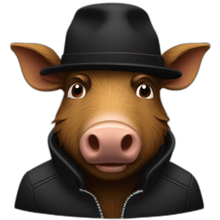 fullface wild tired brown boar with stubble in a black jacket and a black winter hat emoji