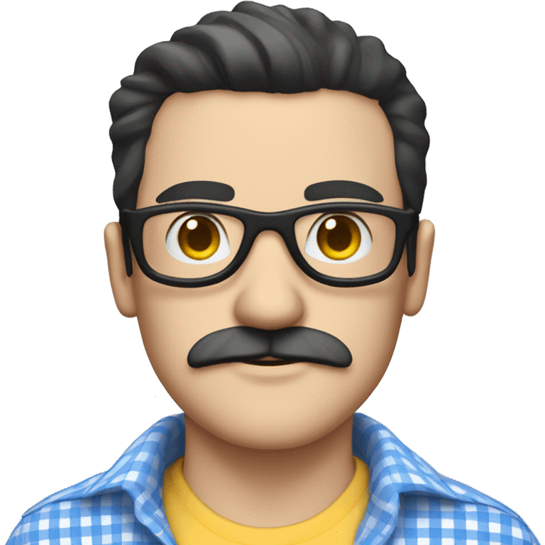 White man with straight black hair and mustache, wearing a blue and white gingham shirt and black goggles emoji