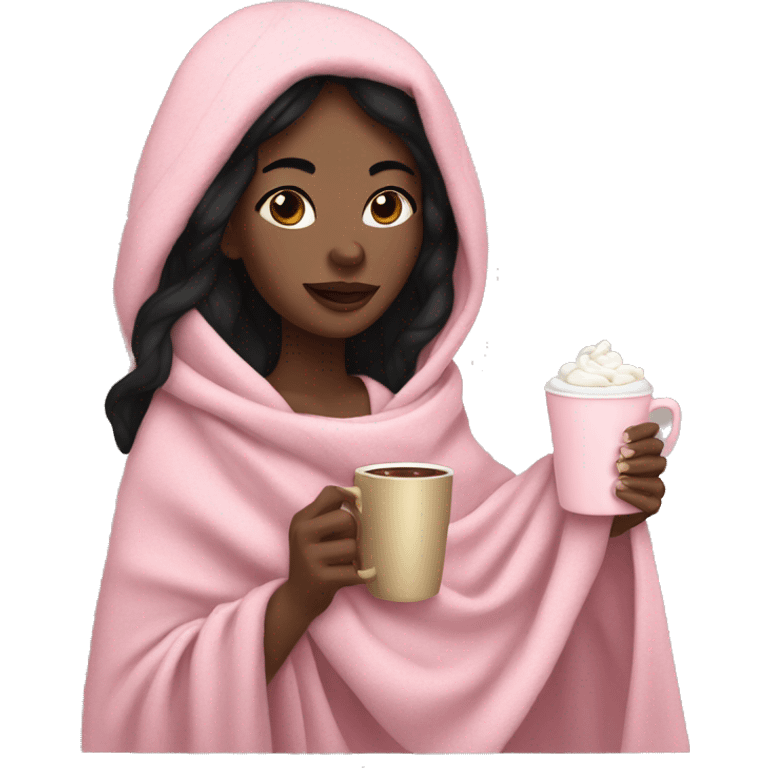 Lightkskin woman  with black hair, in pink blanket drinking hot cocoa  emoji